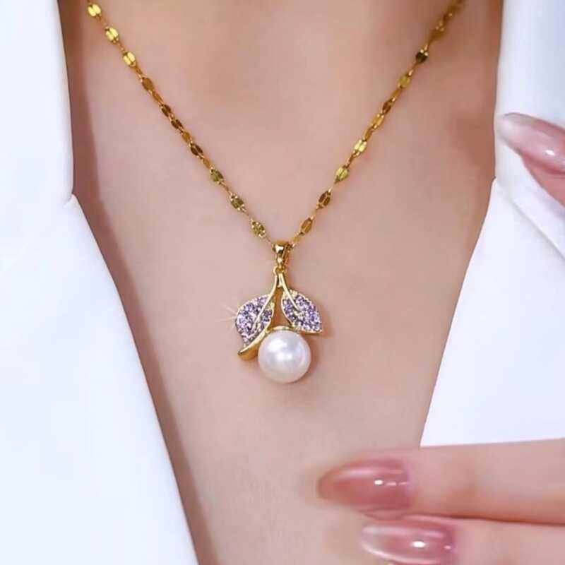 设计感满钻树叶珍珠吊坠项链女