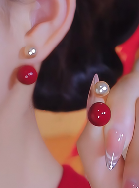 安可拉红色珍珠前后两戴耳环女简约气质耳钉高级感新时尚新年耳饰