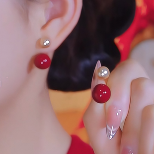 安可拉红色珍珠前后两戴耳环女简约气质耳钉高级感新时尚新年耳饰