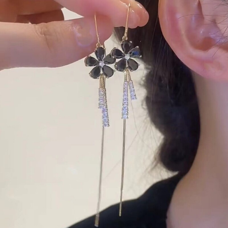 法式微镶黑色锆石花朵流苏耳线