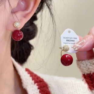 复古气质红色珍珠耳环女简约耳钉2025新款爆款中国风新年喜庆耳饰