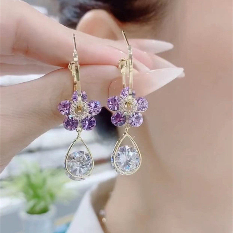 紫色锆石花朵耳环防过敏水晶耳饰