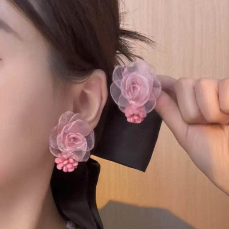 粉色网纱山茶花耳环女高级感耳坠