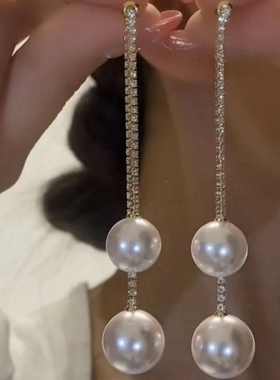 时尚长款珍珠镶钻耳线纯银针耳钉网红前后戴2025新款爆款夸张耳环