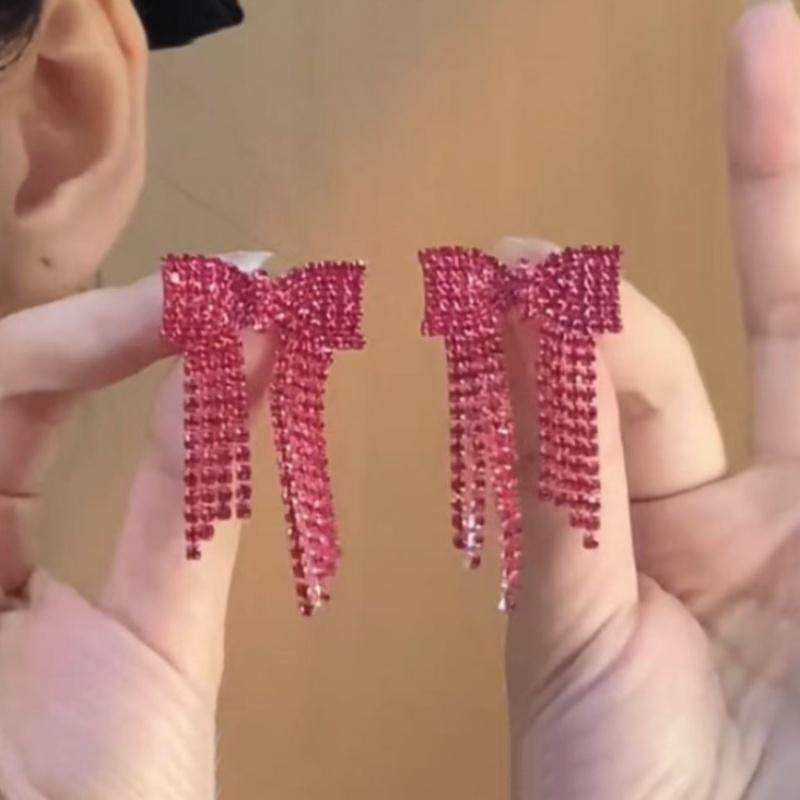 玫红色锆石蝴蝶结耳环女小众设计