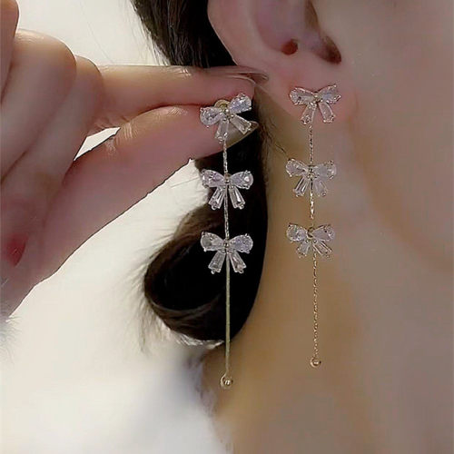 流苏长款锆石蝴蝶结耳环女
