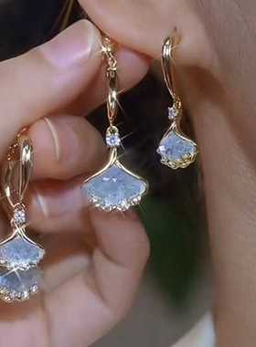 超闪时尚前后戴蓝色水晶银杏叶耳环高级感耳坠耳钉冷淡风耳扣耳饰