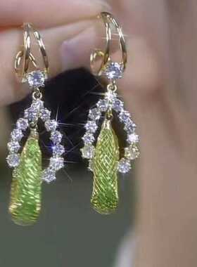 法式轻奢金丝网纱绿色满钻耳环2024新款爆款高级感耳扣显脸瘦耳饰