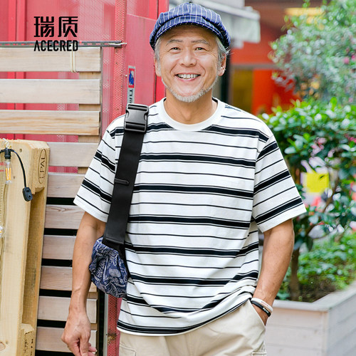 爸爸夏装条纹短袖T恤男