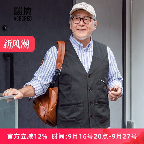 爸爸马甲男中老年宽松纯棉多口袋