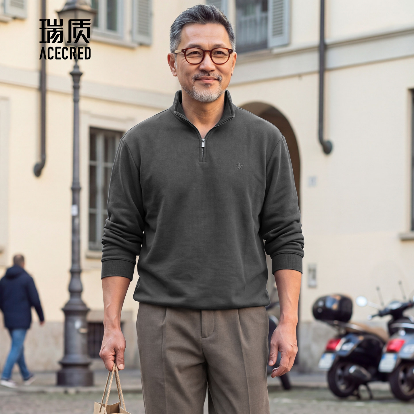 中年爸爸秋装加厚长袖T恤中老年半高领保暖秋冬宽松衣服时尚减龄