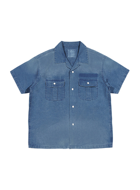 Resalibert亚麻丝绸混纺日产手工植物蓝染水洗做旧古巴领短袖衬衫