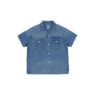 Resalibert亚麻丝绸混纺日产手工植物蓝染水洗做旧古巴领短袖 衬衫