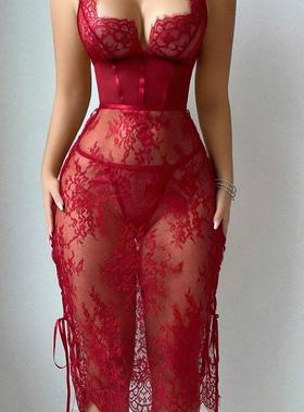 DZ57法式蕾丝侧绑带性感睡裙性感的红色精致迷人的个性套装诱惑