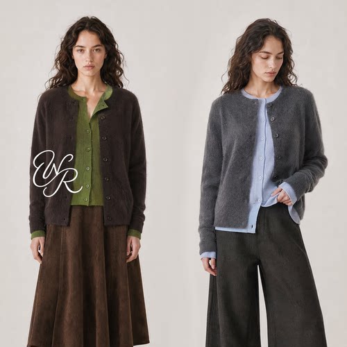 UNR精纺羊毛圆领针织开衫上衣女