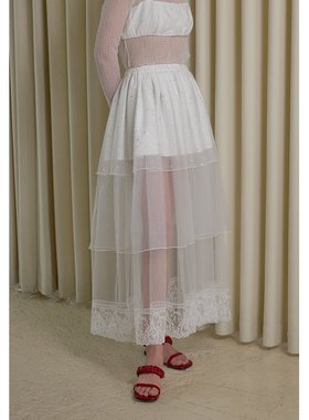 【UNRESTRAIN】UNR2025春夏新款仙女网纱A字半身裙女显瘦中长款