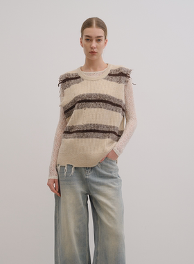 UNRESTRAIN「UNR」漂泊者定律 新款复古毛边条纹针织背心女上衣