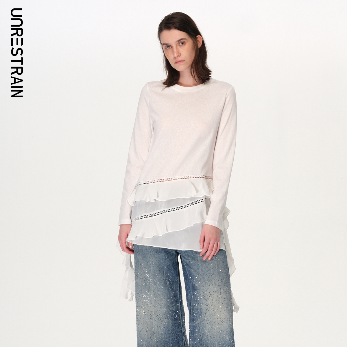 UNRESTRAIN「UNR」尾部彩蛋 荷叶边下摆拼接蕾丝长袖连衣裙女上衣