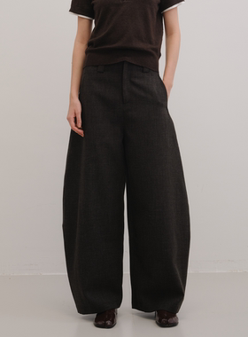 UNRESTRAIN「UNR」重力弧线 深灰色混纺宽松弯刀阔腿休闲裤女