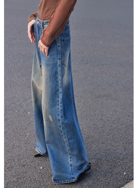 【UNRESTRAIN】UNR设计师品牌廓形长款水洗蓝色牛仔裤女