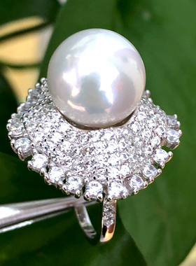 13-14mm大颗粒白色珍珠戒指 正圆高强光 天然淡水银戒指 正品送礼