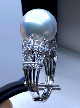 媲美澳白 天然淡水珍珠戒指13-14毫米 正圆高强光白色 可调节指环