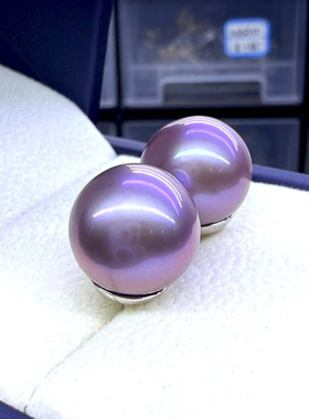点醉天然淡水爱迪生紫色珍珠耳钉 13-14毫米正圆高贵紫素钉高品质