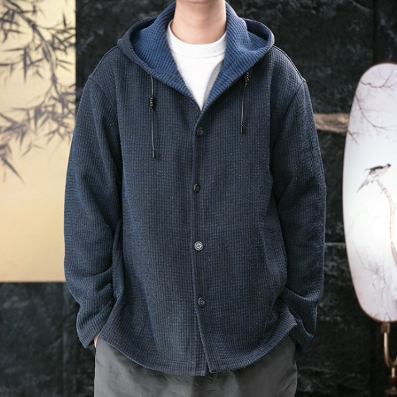 【再易】2025新款碳灰蓝华夫格柞蚕丝香云纱开衫帽衫外套ZY0510S