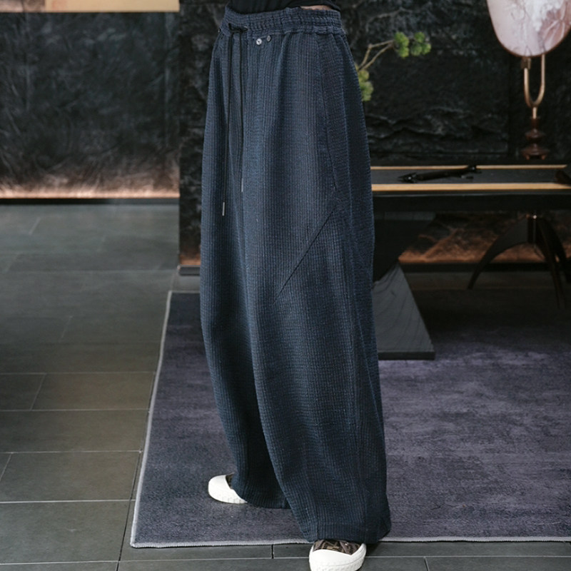 【再易】2025新款碳灰蓝华夫格柞蚕丝香云纱双穿休闲裤ZY0506K