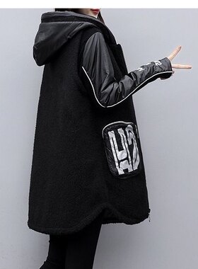 外单秋冬厚实黑色仿皮草连帽背心马甲中长彩色格子颗粒绒厚实加绒