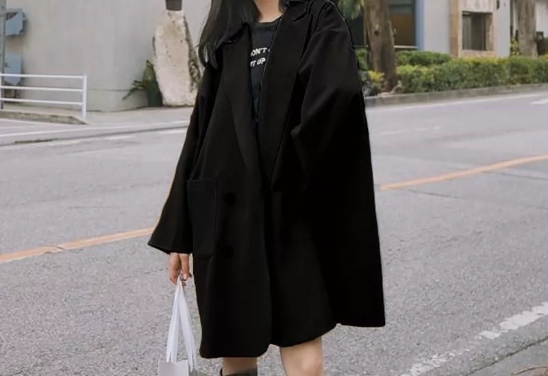 2026秋冬新款黑色中长款西装外套宽松双排扣经典气质中大衣外套女