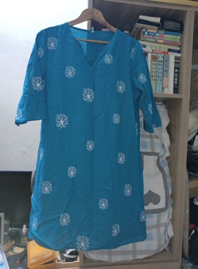 春夏新款蓝色印花长衬衫裙宽松休闲显瘦套头波西米亚上衣连衣裙女