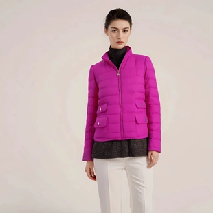 秋冬新品玫红色羽绒衣休小香风羽绒服立领保暖立领秀气羽绒服女