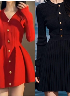 2026秋冬新款黑色针织连衣裙收腰显瘦法式设计感单排扣百褶短裙女