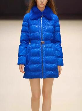 秋冬新品宝蓝色加厚可脱卸毛领长袖收腰中长款羽绒衣大衣外套女
