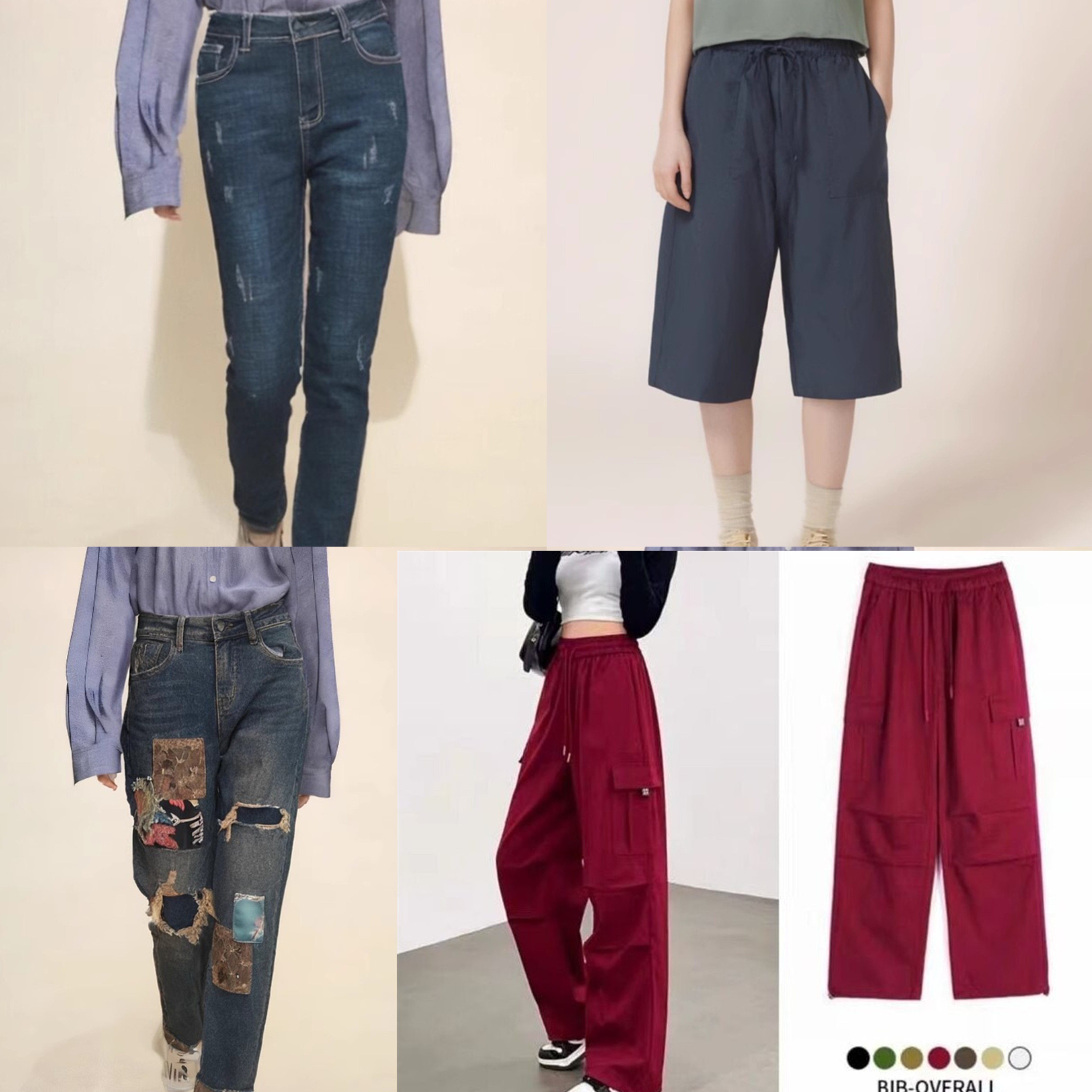 美式工装裤新款高腰抽绳束脚裤登山运动阔腿裤破洞牛仔裤时髦个性