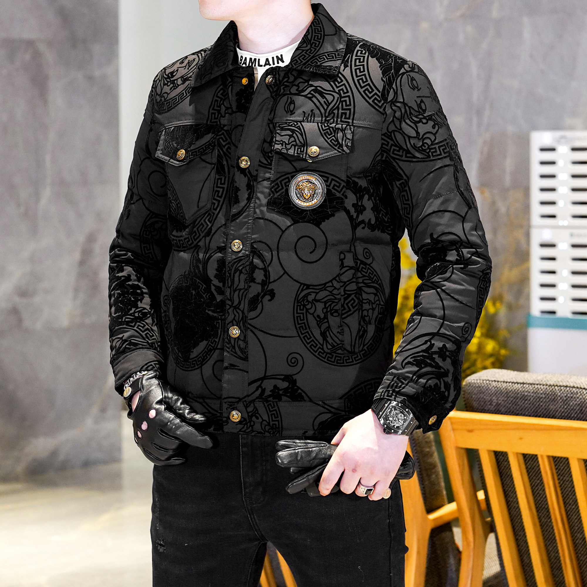Y9883P3002024高端冬季90%白鸭绒翻领单排扣羽绒服真模黑色,男装羽绒服,钱塘6016-1(原3019)