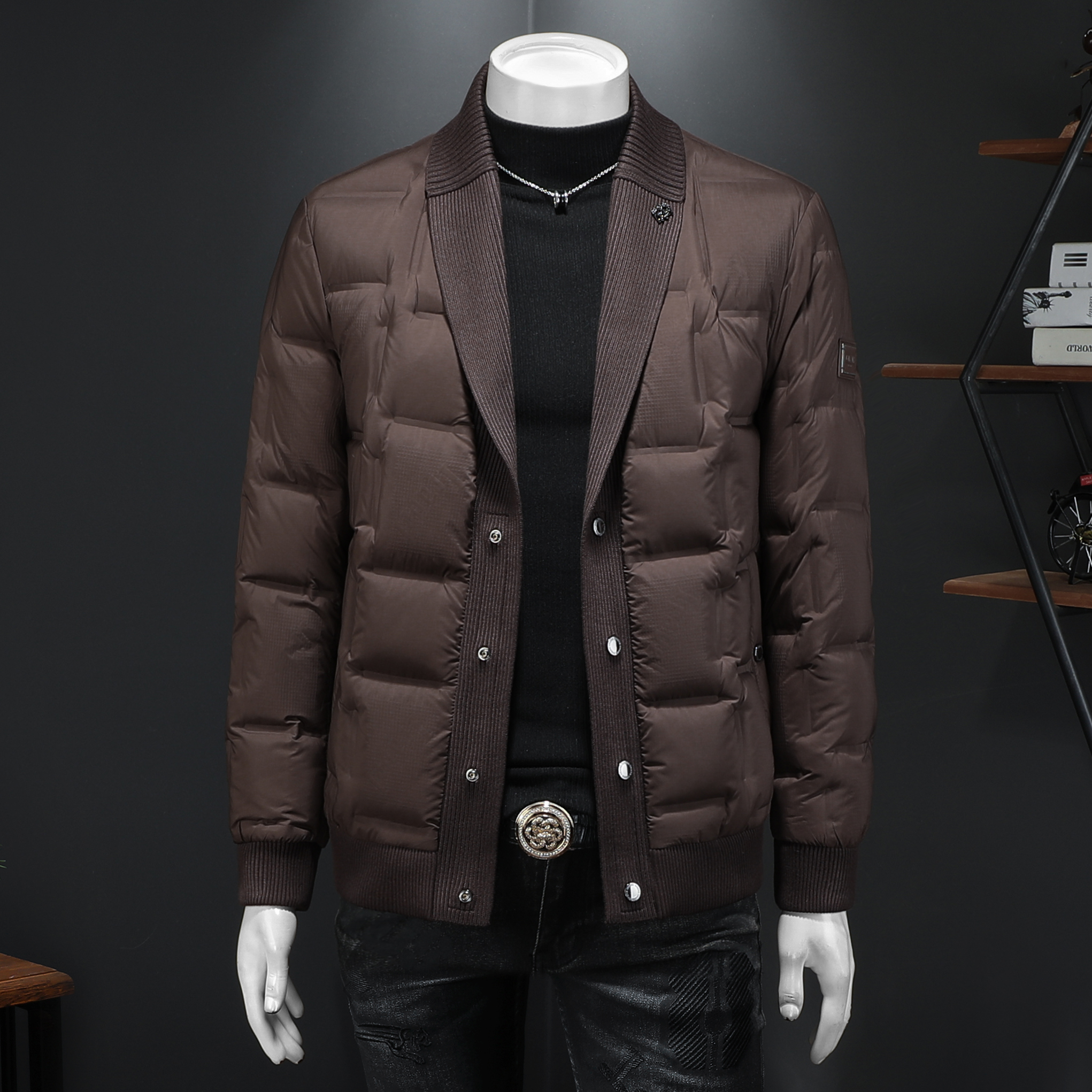 Y6801P3452025高端冬季90%白鸭绒针织领提花羽绒服假模395，男装羽绒服，钱塘6016-1(原3019)