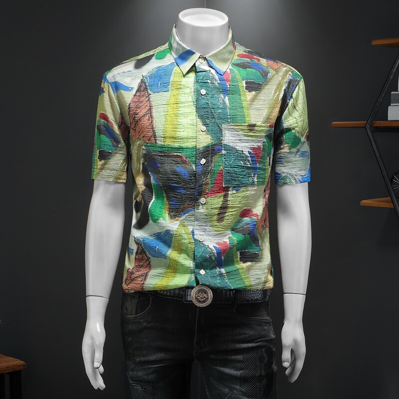 2025年新款微阔短袖衬衫青春大码修身衬衣钱塘30192472P85假，男装T恤，钱塘6016-1(原3019)