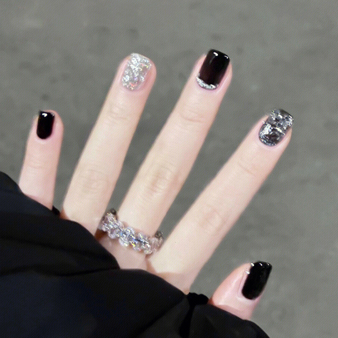 淳贵人手工制作美甲成品黑色系银粉假指甲贴片 可穿戴式光疗甲片