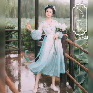 素珍珠腰链连衣裙 唐风诃子绣花汉元 心上秋原创 全款 凝霜雪