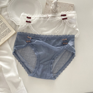 旗袍式性感风超薄透气侧开双蝴蝶结高开叉网纱蕾丝法式三角内裤女