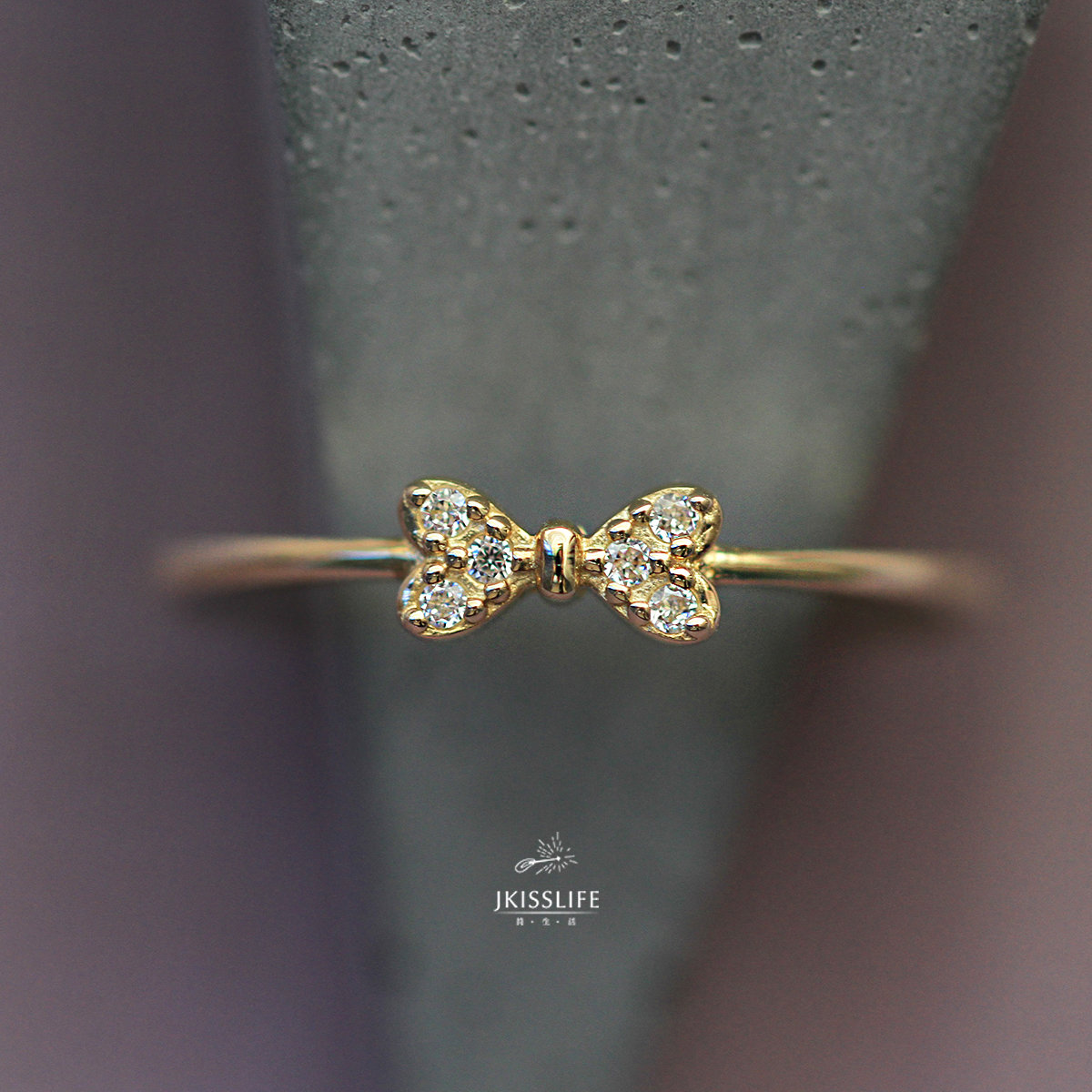 9K黄金 法式精致 简约微镶锆石少女感蝴蝶结K金戒指 纤细指环