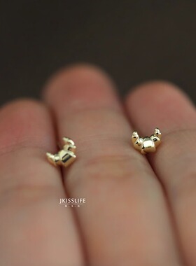 9K黄金 小小牛角包 素金闪闪迷你小巧K金耳钉 简约童趣设计感日韩
