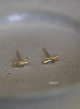 9K黄金 极简交叉线条 日系精致素金K金耳钉 日常通勤百搭设计感