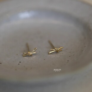 9K黄金 极简交叉线条 日系精致素金K金耳钉 日常通勤百搭设计感
