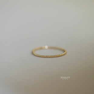 9K黄金 复古文艺 素金绞丝麻花K金戒指 极简扭花叠戴素圈 经典