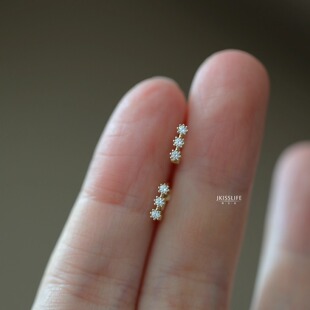 9K黄金 迷你三颗小锆石 排钻耳骨环耳环 精致小众闪闪叠戴耳圈