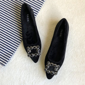 女2024秋冬新款 韩版 尖头水钻方扣加绒平底鞋 单鞋 浅口百搭黑色瓢鞋