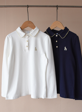 春秋装~女中大童初中生少女款珠地元宝领衬衫Polo衫长袖T恤986